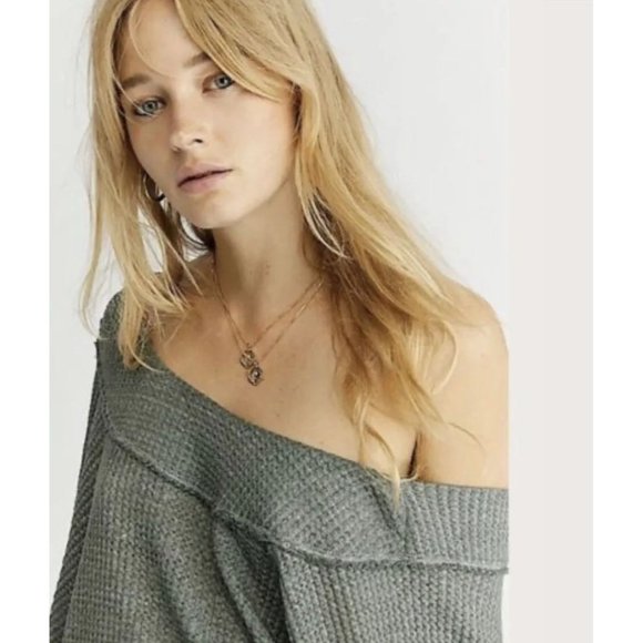 Free People Sage Green Westend thermal Waffle knit Oversized size XS - Picture 1 of 10